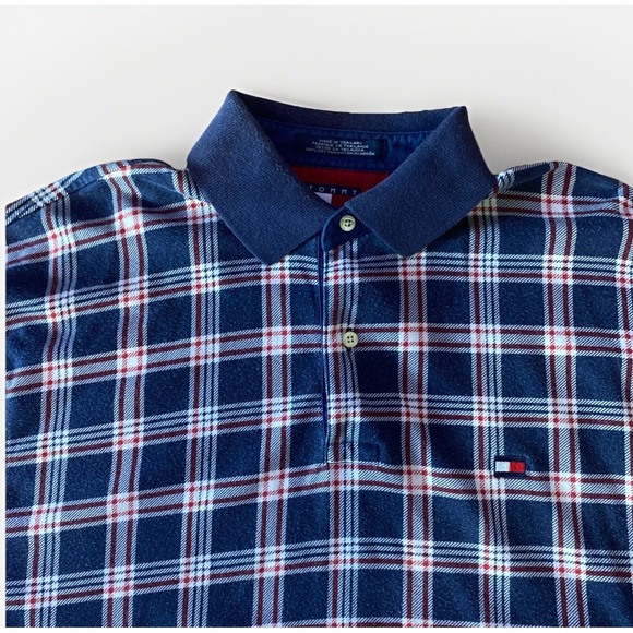 Vtg Tommy Hilfiger Polo‎ Shirt Mens M Plaid Blue White Red Golf Patriotic - Picture 2 of 6